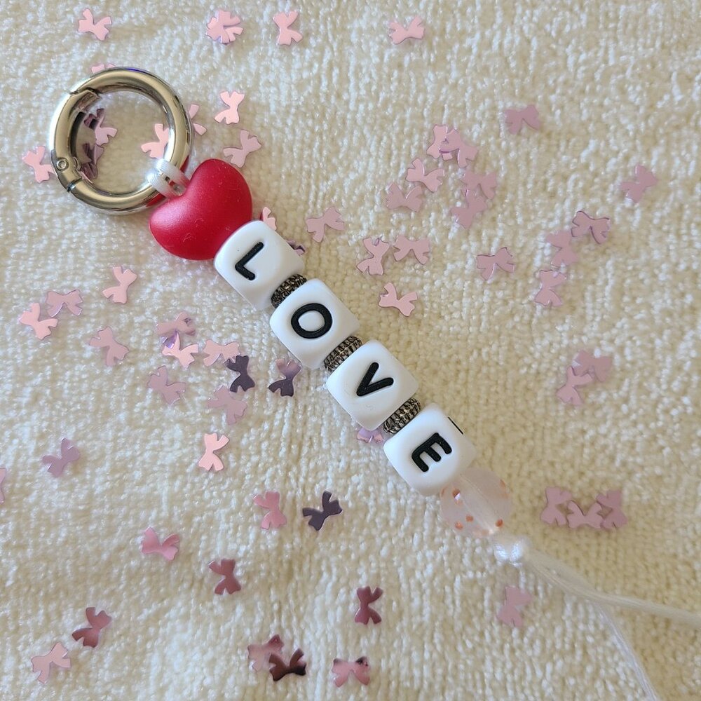 Keychain - LOVE - Red & White Silicone Beads